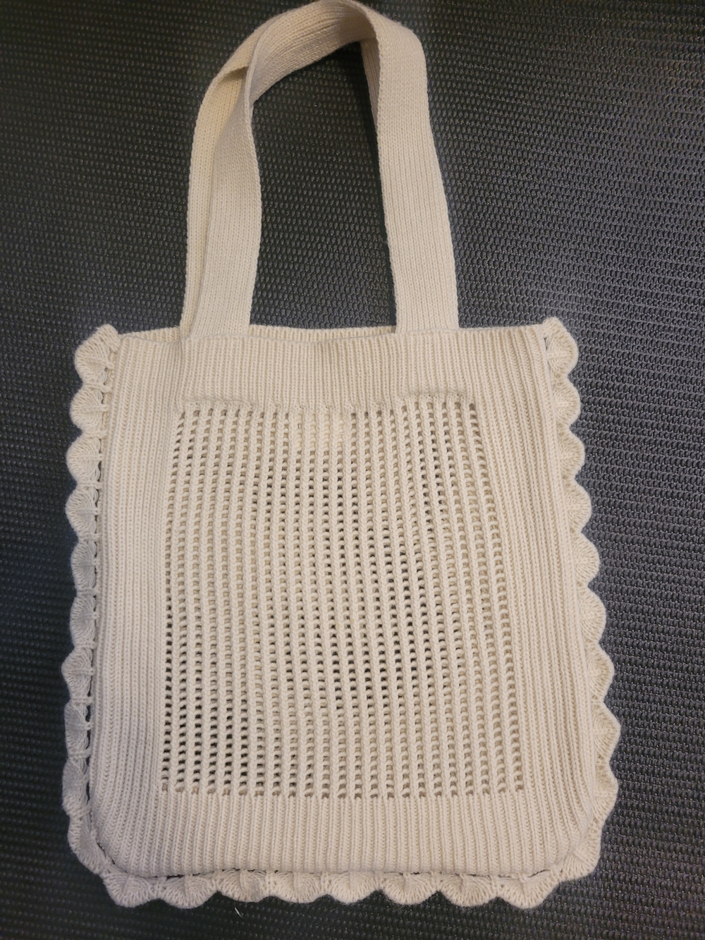 Cream Crochet Knit Tote Bag with Scalloped Trim